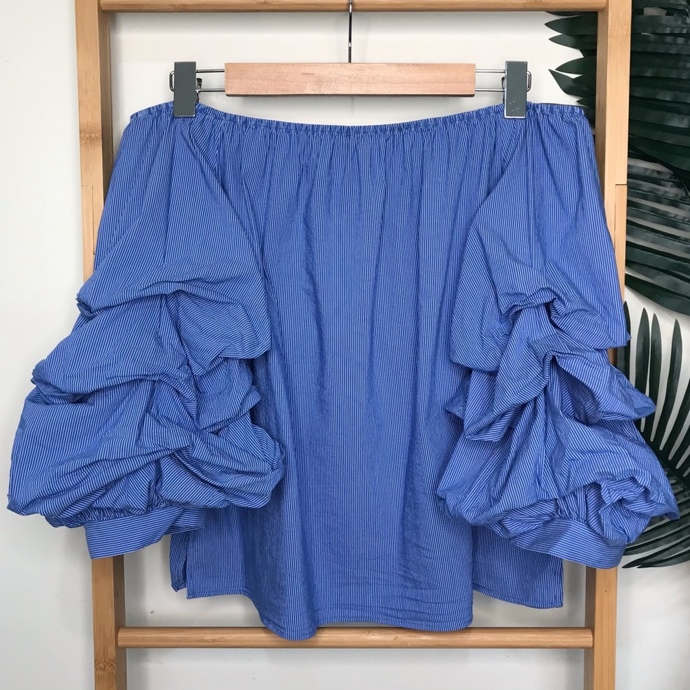 SOLD Zara Blue Striped Ruffle Sleeve Top Blouse M - Picture 2 of 14